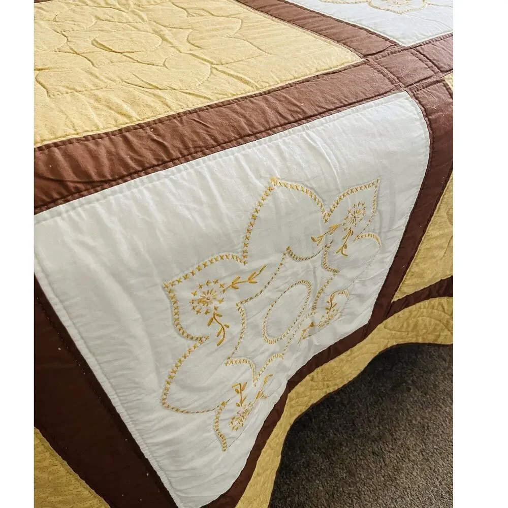 Vintage Hand made Quilt Cross Stitch Coverlet Floral Brown Yellow Moroccan Orang